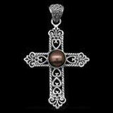 Sterling Silver Medieval Stlye Freshwater Peacock Pearl Cross Pendant and Choker