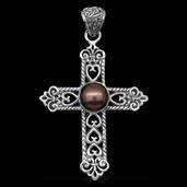 Sterling Silver Medieval Stlye Freshwater Peacock Pearl Cross Pendant and Choker