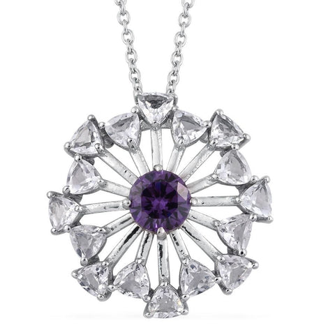 Platinum Bonded Brass White Topaz and Simulated Purple Diamond Art Deco Style Pendant with 20" Chain