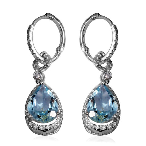 Sterling Silver Pear Sky Blue Topaz & Diamond Drop Dangle Earrings