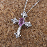 Platinum over Sterling Silver Pink  SAPPHIRE and White Topaz Cross Pendant and 20" Chain