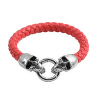 Stainless Steel Red Braided Faux Leather Skull Bracelet (7.50 in)