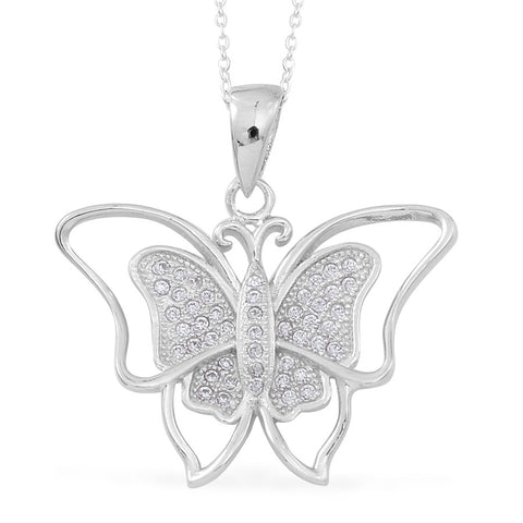Sterling Silver White Cubic Zirconia Butterfly Pendant & 18" Chain