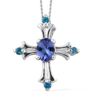 Platinum over Sterling Silver AAA Tanzanite and Neon Apatite Cross Pendant and 20" Chain