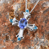 Platinum over Sterling Silver AAA Tanzanite and Neon Apatite Cross Pendant and 20" Chain