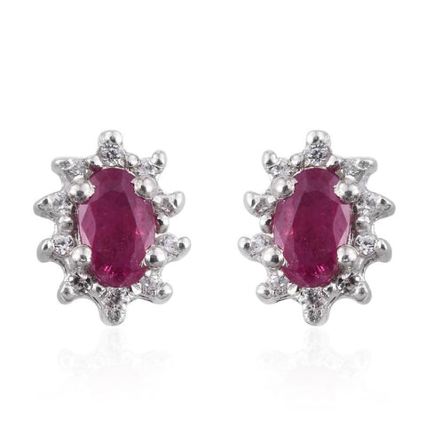 Platinum over Sterling Silver Burmese RUBY and White Zircon Stud Earrings