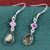 Sterling Silver Madagascar Labradorite & Pink Sapphire Drop Earrings