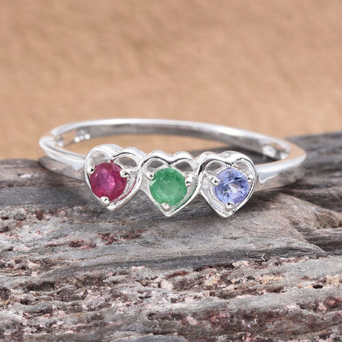 Sterling Silver RUBY , EMERALD and TANZANITE 3 Heart Trilogy Ring