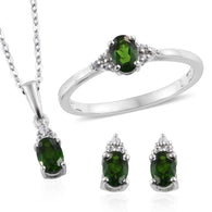 Platinum over Sterling Silver Chrome Diopside and White Zircon Ring, Pendant, Chain, & Earrings Set