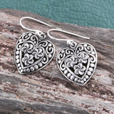 Sterling Silver Floral Open Scroll and Filigree Dangle Heart Earrings