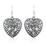 Sterling Silver Floral Open Scroll and Filigree Dangle Heart Earrings
