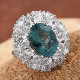 Platinum over Sterling Silver TEAL FLUORITE & WHITE TOPAZ Statement Ring