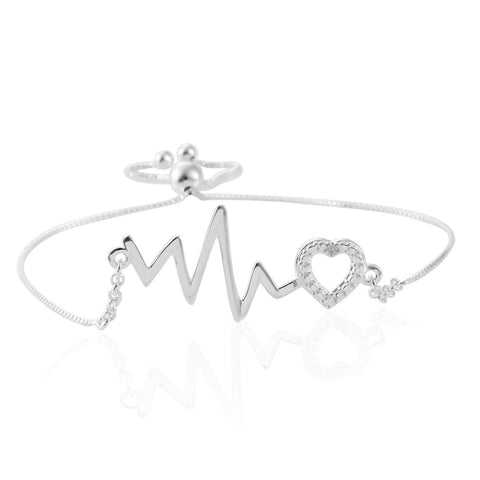 Sterling Silver Diamond Accent Heartbeat & Heart Adjustable Bracelet