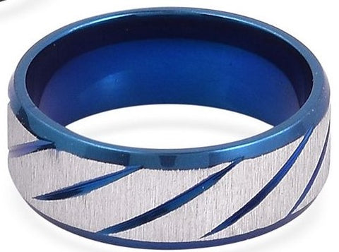 Unisex ION Blue Plated Stainless Steel Ring with Diagonal Stripe