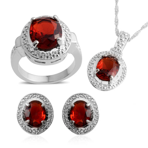 Silvertone Halo Red Austrian Crystal Ring (size 8), Pendant, Earrings Set with Chain (18 in)