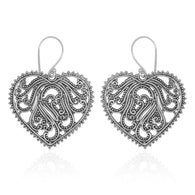 Handmade Sterling Silver Open Scroll and Filigree Work Dangle Heart Earrings From Bali