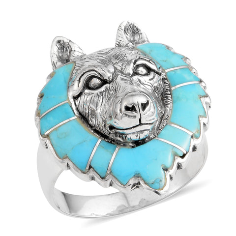 Sterling Silver Arizona Mojave Blue Turquoise Wolf Head Men's Ring (Size 13)
