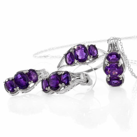 Platinum over Sterling Silver African Amethyst Set - Earrings, Pendant , Chain & Ring (size 9)
