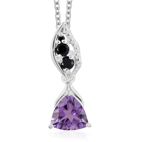Sterling Silver Trillion Cut Amethyst and Thai Black Spinel with 20" Chain