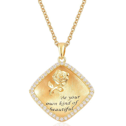 14k Sterling Silver 2D Inspirational Pendant "Be Your Own Kind of Beautiful" CZ Diamond 20" Chain