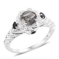 Sterling Silver Tourmalinated Quartz & Thai Black Spinel Halo Ring (size 5)