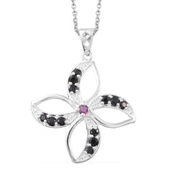 Sterling Silver Thai Black Spinel & Ruby Accented Flower Pendant with 20" Chain