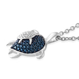 Blue Rhodium & Sterling Silver Mother/Baby Turtle Pendant with Blue Diamond Accent- 20" Chain