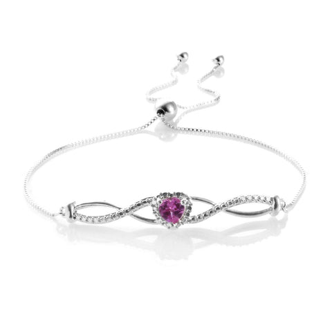 Sterling Silver Lab Grown Pink SAPPHIRE Eternity & Heart Adjustable Bracelet