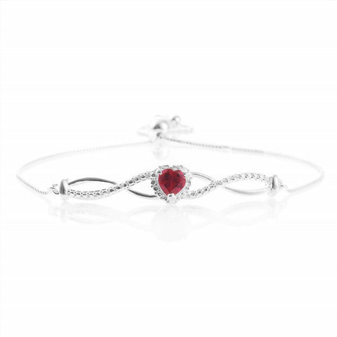 Sterling Silver Lab Grown Red RUBY Eternity & Heart Adjustable Bracelet