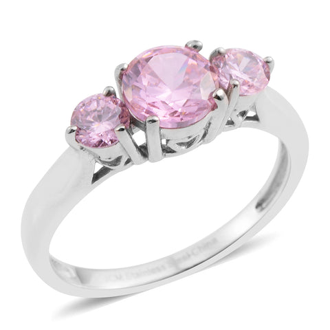 Stainless Steel Pink 2 cts Cubic Zirconia CZ Trilogy Ring (size 8)