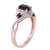 14K Rose Gold Sterling Silver 3 Stone Thai Black Spinel Halo Ring (Only Size 5)