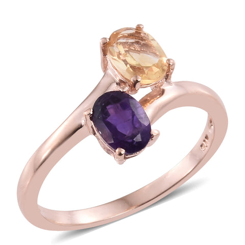 14K Rose Gold over Sterling Silver 1.55cts. AMETHYST & CITRINE Bypass Ring
