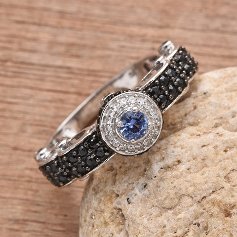 Platinum/Sterling Silver Ceylon SAPPHIRE & Black SPINEL Royal Setting Halo Ring (size 6)