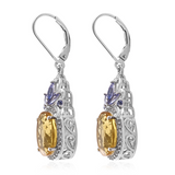 Platinum over Sterling Silver Canary FLUORITE & TANZANITE Drop Earrings 13cts