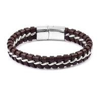 Stainless Steel Men's Braided Brown Leather Woven Bracelet (8 in)