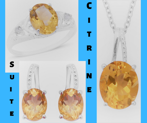 Sterling Silver CITRINE Ring, Earrings, Pendant & Chain Suite Set size 8 only