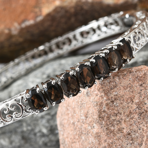 Stainless Steel Openwork Smoky Quartz 7 Stone Hinged Bangle Bracelet (7.25 in)