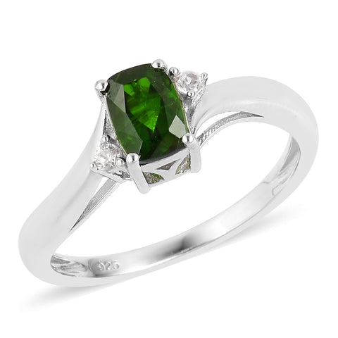 Rhodium/Sterling Silver 1.1ct. Cushion Russian CHROME DIOPSIDE & Zircon Solitaire Ring
