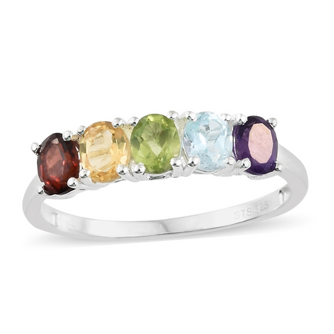 Sterling Silver Multi Oval Shaped 5 Gemstone Ring