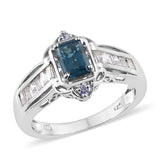 Platinum/Sterling Silver London Blue & White TOPAZ with Tanzanite Art Deco Ring