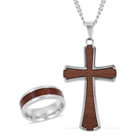 Stainless Steel Siam Rosewood Enameled Wood Cross Pendant, Ring and Chain Set