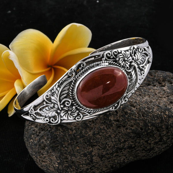 Handcrafted Sterling Silver Red JADE Open Floral Leaf Style Cuff Bracelet