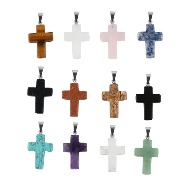 Gift Boxed Multi Gemstone Cross Pendants with a Necklace 20 Inches in Stainless Steel