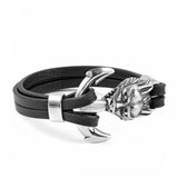Oxidized Stainless Steel and Black Genuine Leather Wolf Head Bracelet 8 inches