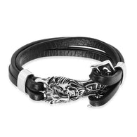 Oxidized Stainless Steel and Black Genuine Leather Lion Head Bracelet 8 inches