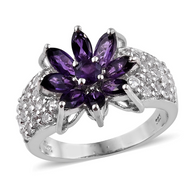 Platinum over Sterling Silver AMETHYST and White TOPAZ Floral Cluster Ring