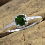 Sterling Silver 1.1ct. Cushion Cut Russian CHROME DIOPSIDE Solitaire Ring with Beadwork