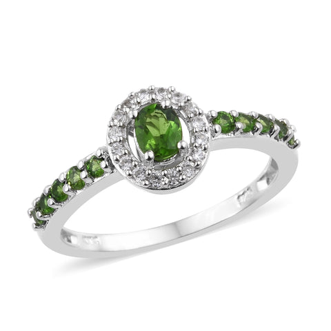 Platinum over Sterling Silver CHROME DIOPSIDE & ZIRCON Halo Ring