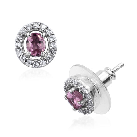 Platinum over Sterling Silver Pink TOURMILINE & ZIRCON Halo Earrings