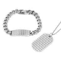 Men's Stainless Steel Link ID Bracelet (8in) & Dog Tag & Chain (24in) Set